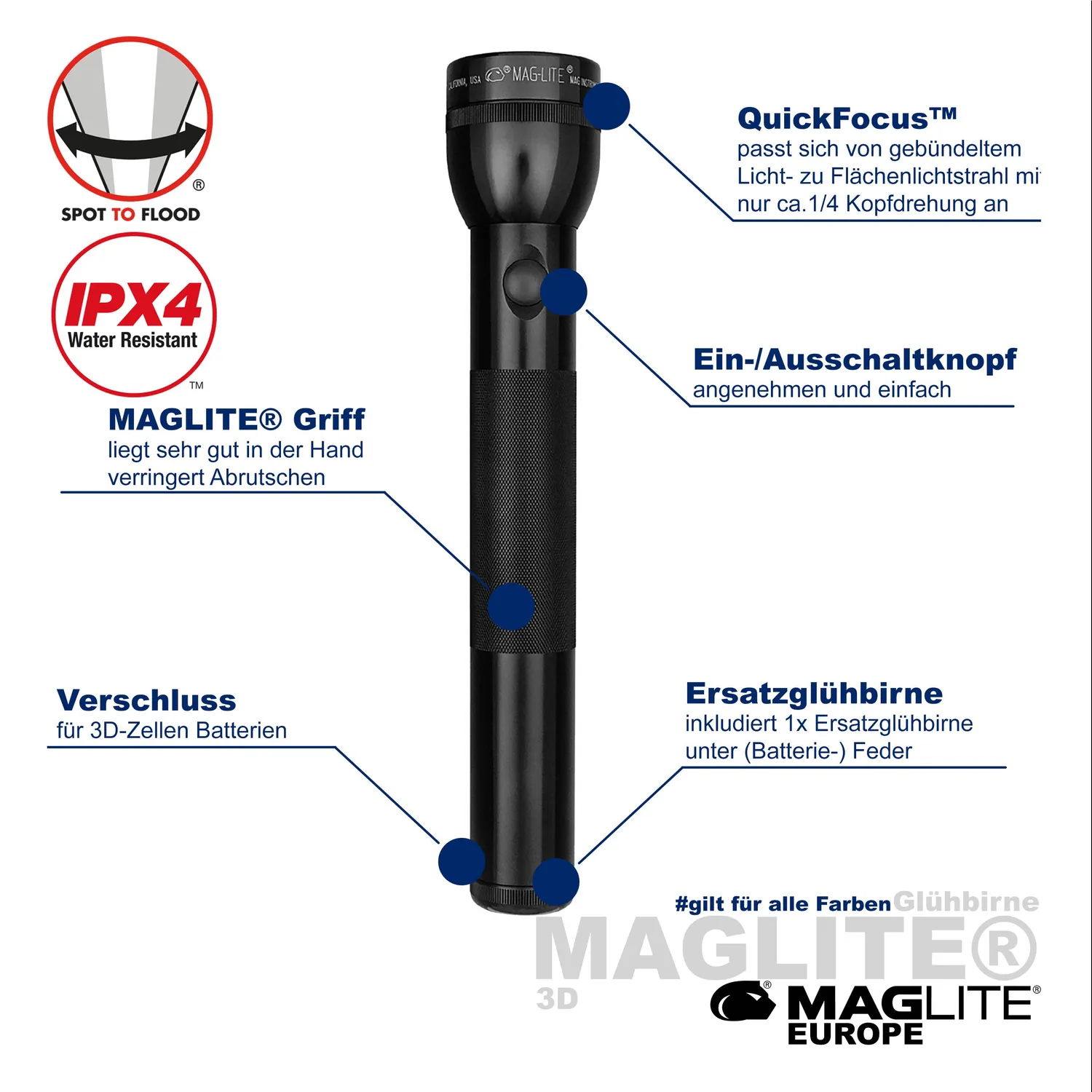 Mag-Lite Classic 3-Cell D zaklamp zwart gloeilamp